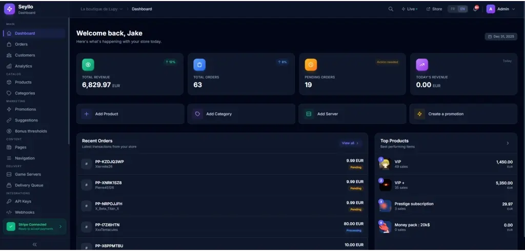 Seyllo dashboard preview - Store management interface for Minecraft and FiveM servers