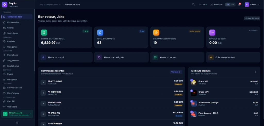 Aperçu du tableau de bord Seyllo - Interface de gestion de boutique pour serveur Minecraft et FiveM
